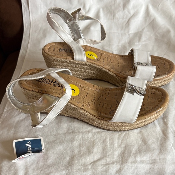 Michael Kors Shoes - Michael Kors Silver and White Espadrille Wedge Sandals. Size 5. New with Tags